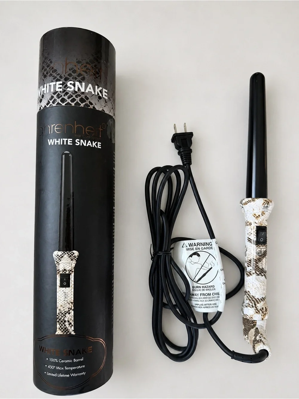 Fahrenheit White Snake Ceramic Curling Wand 450°F Tourmaline Dual Voltage